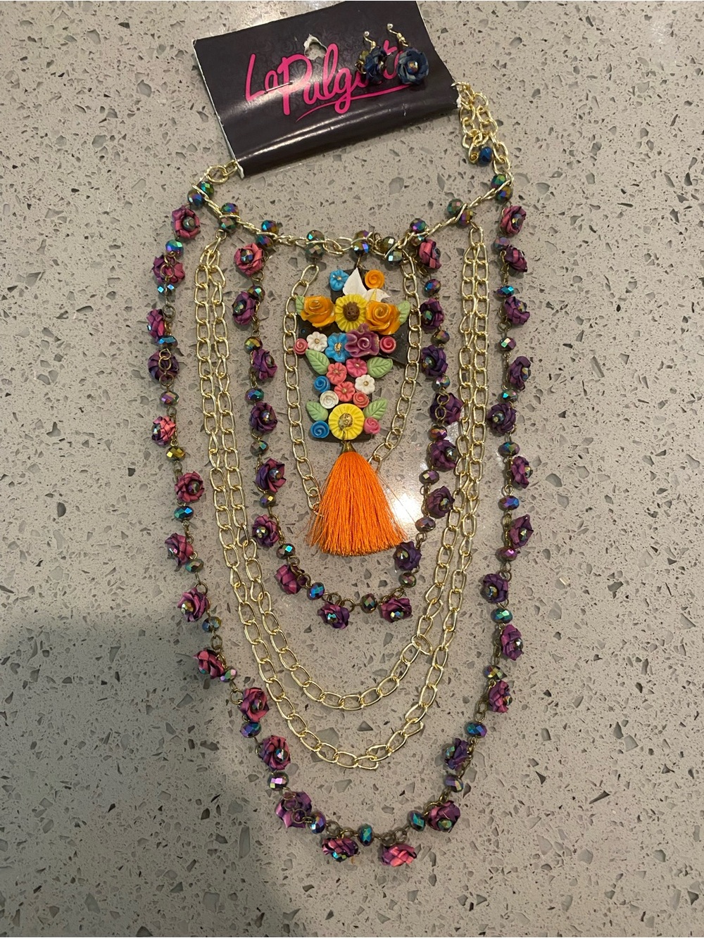 Hand Crafted Multicolor Floral Statement Necklace with Orange Tassel